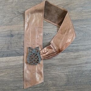 Vintage Kudra Studios Copper Leather Belt with Large Metal Owl Buckle.